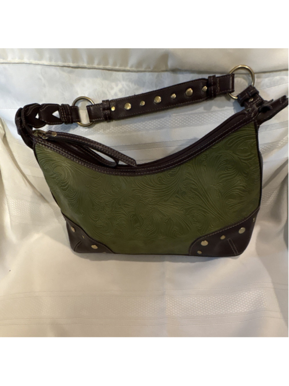 Madison Studio Embossed Floral Shoulder Bag, Green Brown, Studded, Gold Hardware